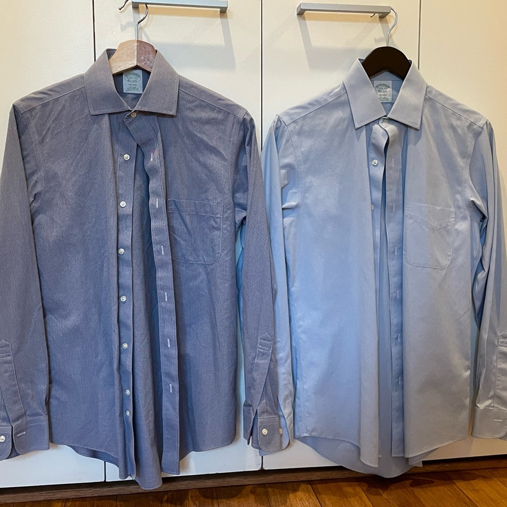 Two Brooks Brothers dress shirts in blue, size 14.5/33. 100% supima cotton